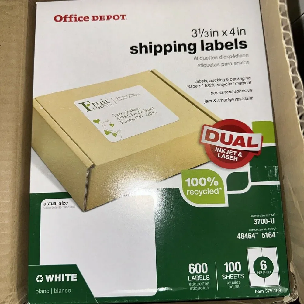 Office Depot 100% Recycled Inkjet/Laser Shipping Labels, White, 3 1/3